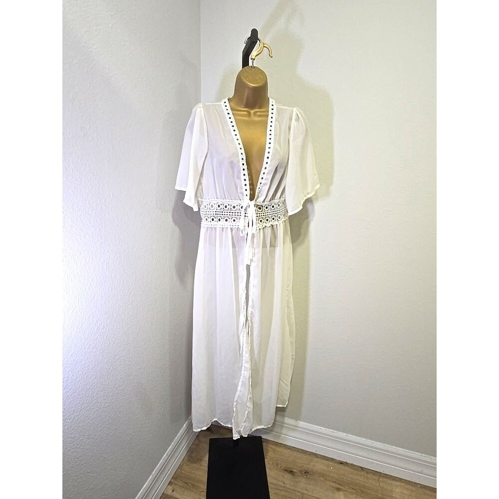 Long White Sheer Crochet Robe Cover Womens Lg Cottage Fairy Boho Waist Tie Beach